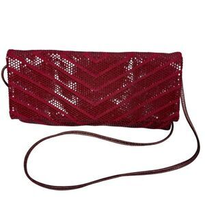 Vintage Red Sequin Mesh Chevron Clutch Purse Party Shoulder Bag with Mirror